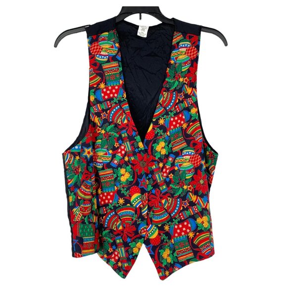 Womens Vintage Christmas Vest Top Poinsettia Bells Ornaments Holiday Medium - Picture 1 of 10